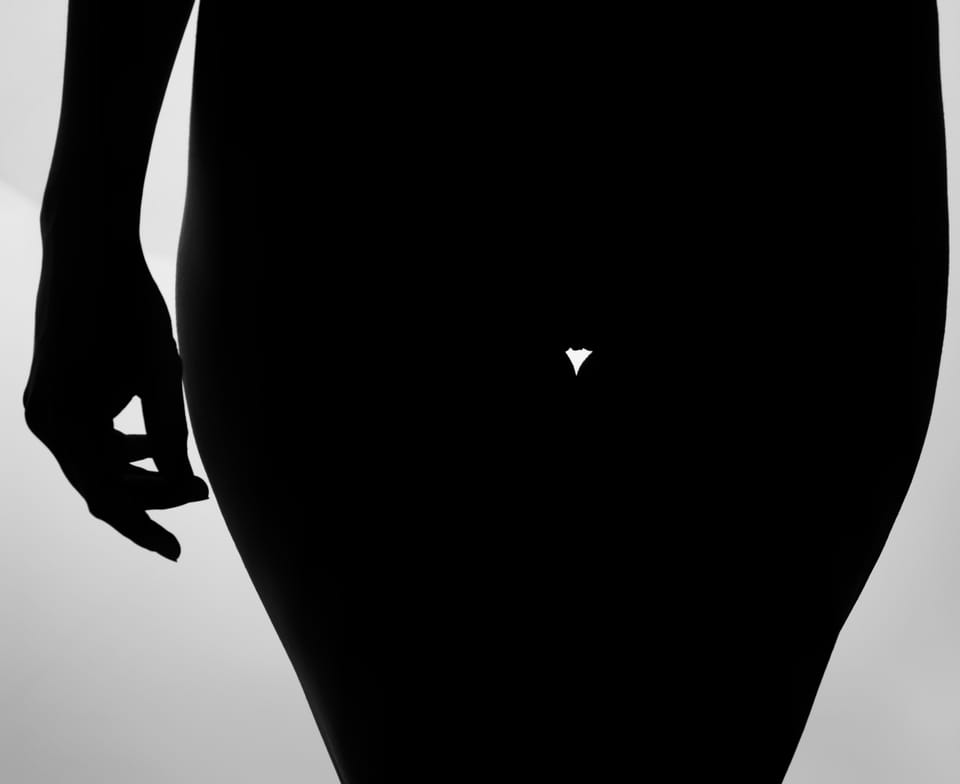 A high-contrast nude study, the body reduced to a clean black silhouette against white