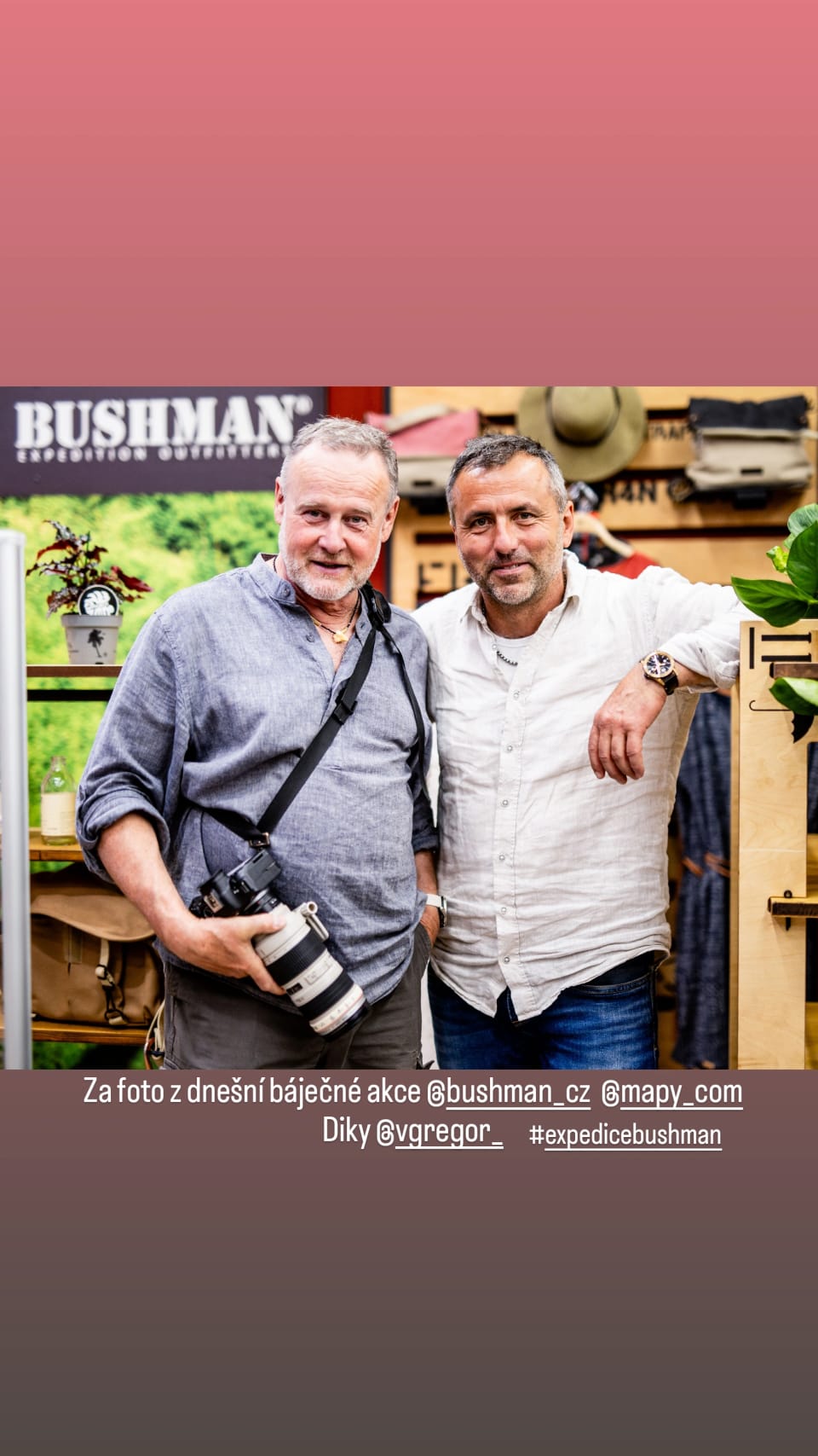 A post from the event: two men in the shop, a thank-you note and links beneath the photograph