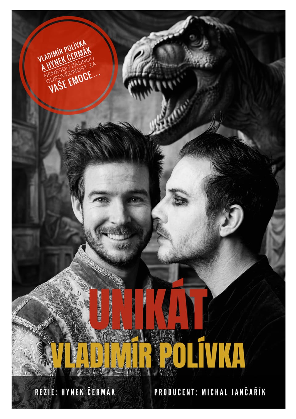 A poster for the production: two figures in front and a dinosaur behind