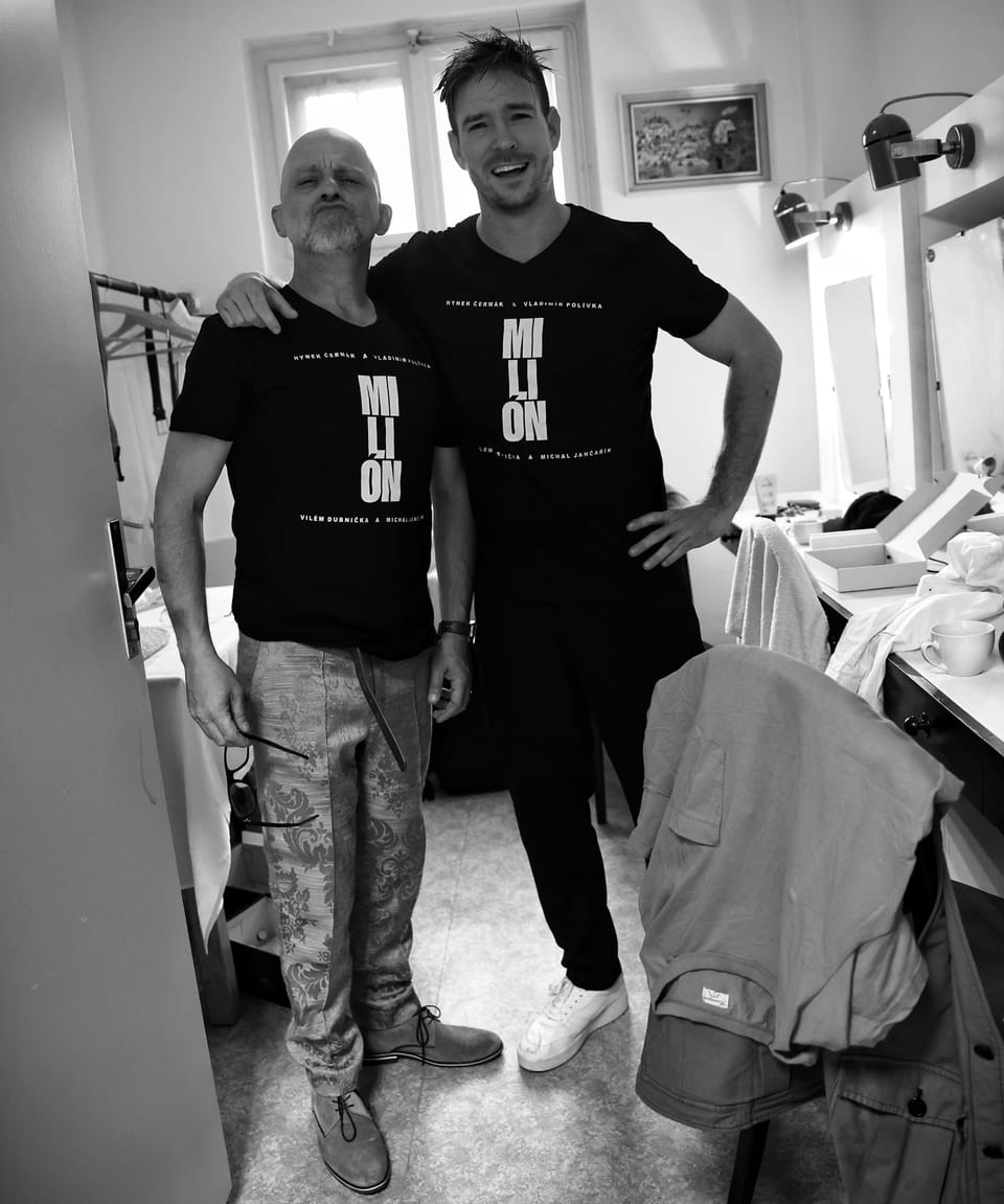 Two actors in the dressing room before a performance, black and white