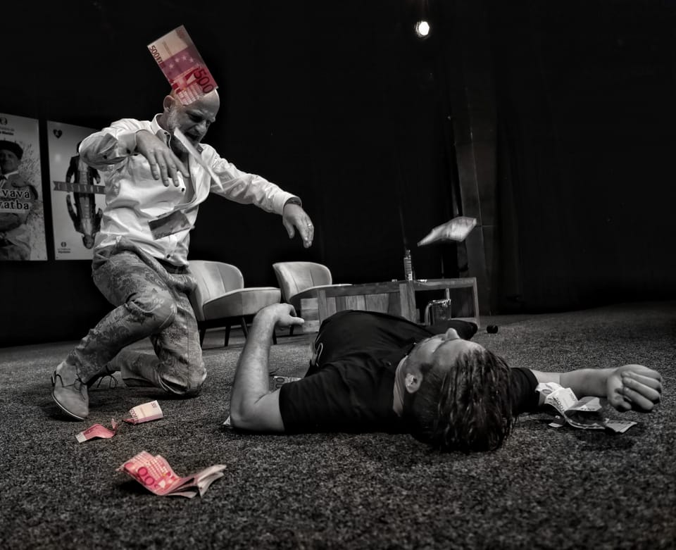 A figure in white leaping over a man on the floor, banknotes scattered around