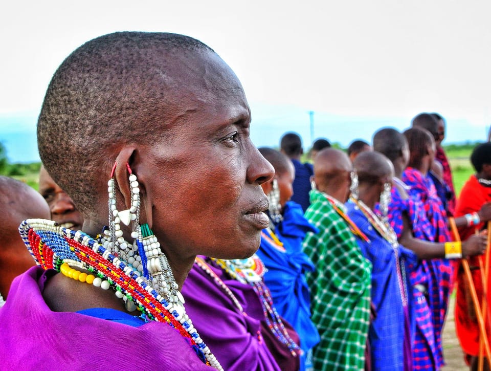 A woman in profile with large beaded earrings, a line of bright robes behind her