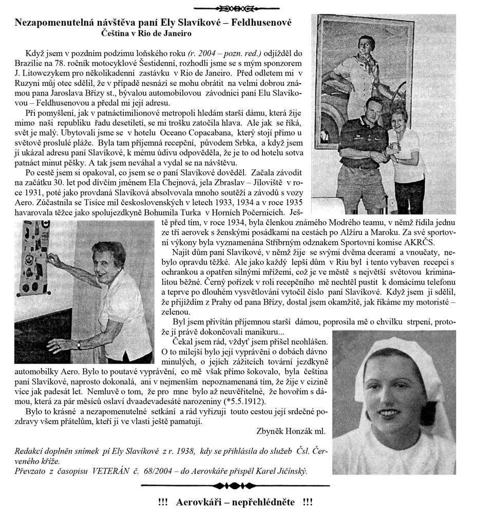 Stránka časopisu s článkem o návštěvě závodnice Ely Slavíkové-Feldhusenové
